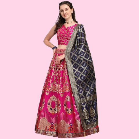 Women's Pink Jacquard Semi-Stitched Lehenga choli